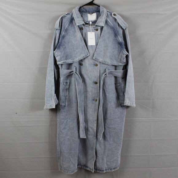 Belle Bloom Jacket Large Trench Skies Stylish Light Blue Denim Coat Belted Chic - Picture 6 of 16